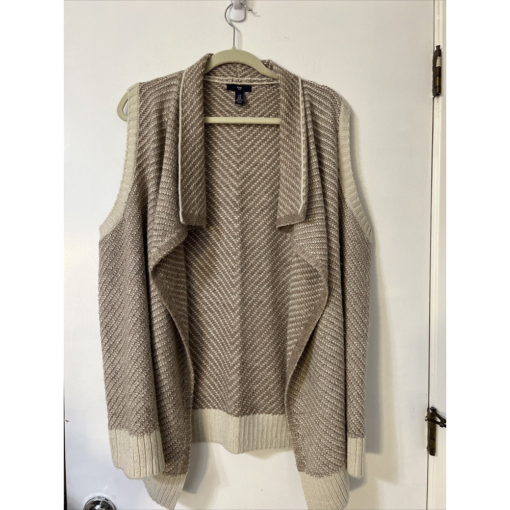 GAP Knit XL Sleeveless Shawl Beige Brown Open Cardigan Wool Blend High Low